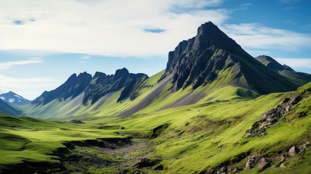 A green mountain with a green field and mountains in the background