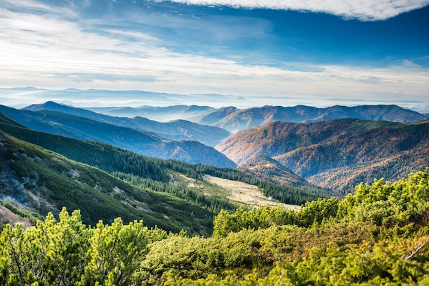 Green mountains and hills at orange sunset time