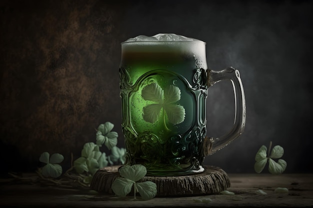 A green mug of beer with a shamrock on it.