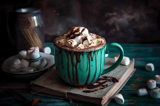 A green mug of hot chocolate with marshmallows and chocolate syrup