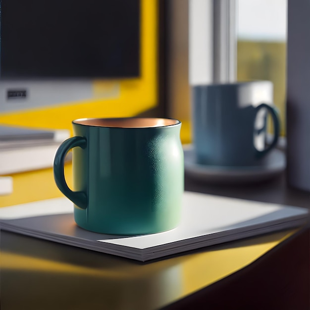 A green mug sits on a desk next to a stack of books.