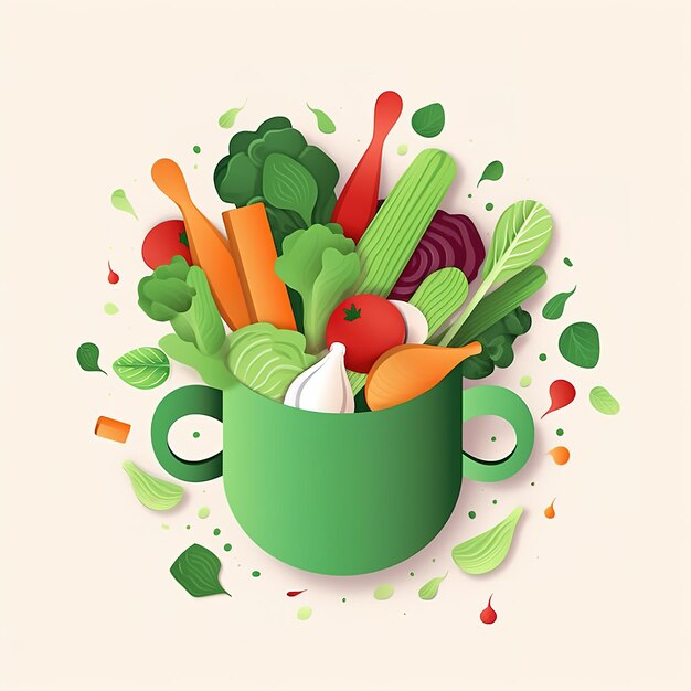 야채가 있는 녹색 머그와 음식이라는 단어가 적힌 녹색 머그.