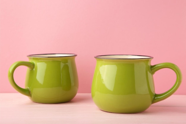 Green mugs on pink background with copy space