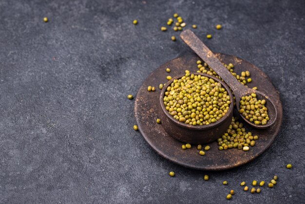 Green mung beans, healthy legumes in bowl