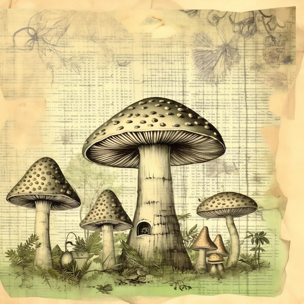 green mushroom fantasy old paper junk journal digital paper