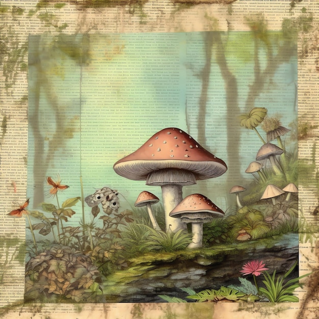 green mushroom fantasy old paper junk journal digital paper