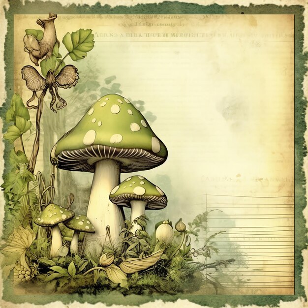 green mushroom fantasy old paper junk journal digital paper