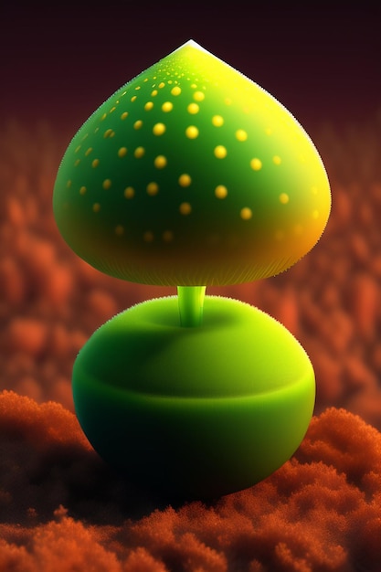 Зеленый гриб с желтыми точками сидит на красном фоне.
