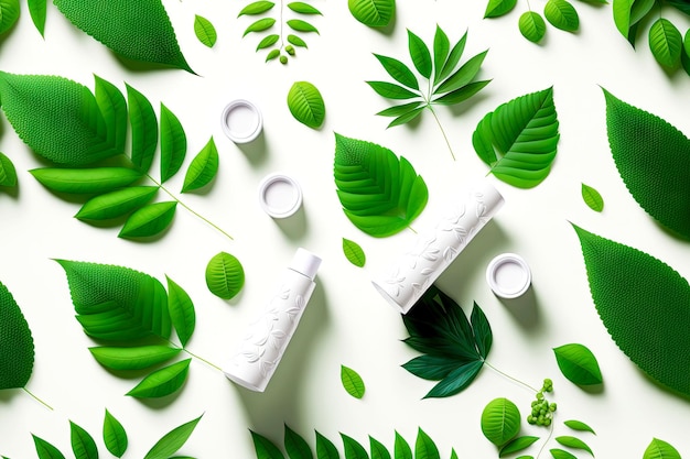 白い背景のスパ製品 flatlay に分離された緑の自然化粧品