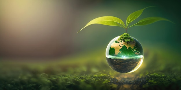 Green natural environment background for earth day with plant seed in the forest growing on the planet and water around it