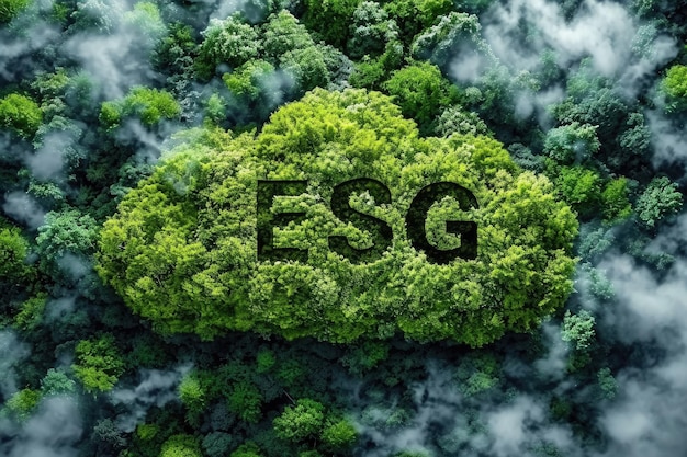 ESG 클라우드 아이콘과 함께 녹색 자연 숲의 항공 사진 ESG 환경 사회 및 거버넌스