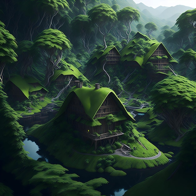 green natural trees landscape with villege houses generated by ai