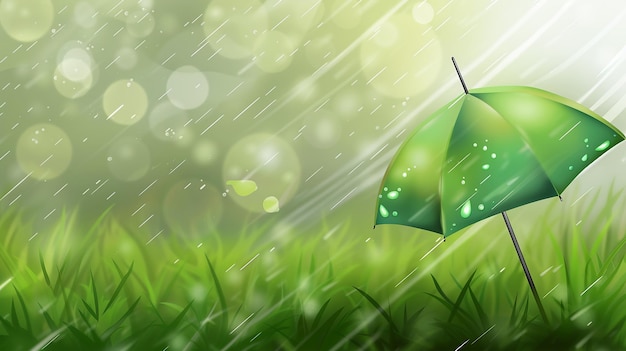 Photo green nature background with rain and an umbrella