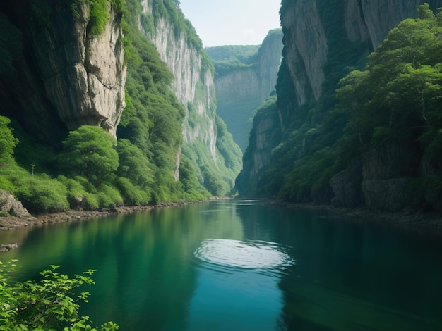 Зелёная природа с видом на скалу реки