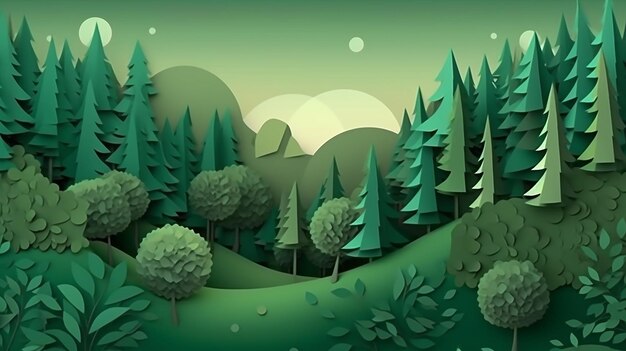 Green nature forest landscape scenery banner background paper art style Generative AI