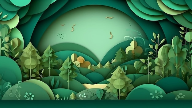 Green nature forest landscape scenery banner background paper art style Generative AI