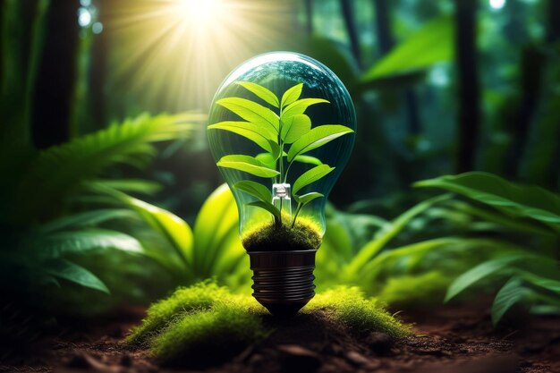 Foto natura verde all'interno e sopra la lampadina energia rinnovabile protezione ambientale