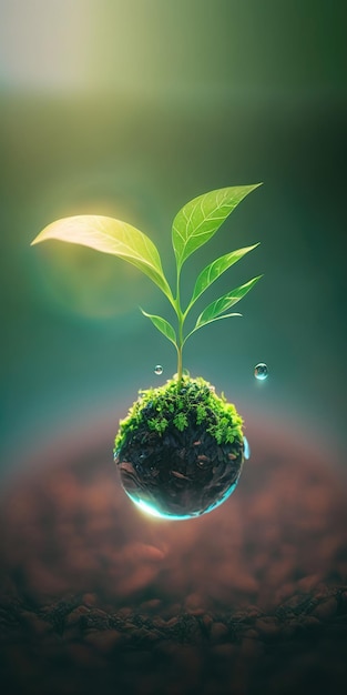 Green nature social media background concept for earth day with plant seed in the forest growing on the planet and water around it