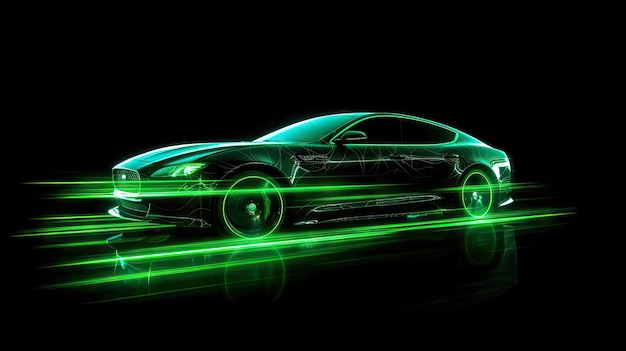 Green neon car in the dark car on high speed motion move