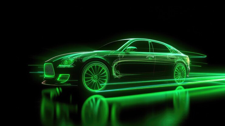 Зеленый неоновый автомобиль в темной машине на высокой скорости движения