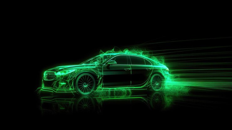 Зеленый неоновый автомобиль в темной машине на высокой скорости движения