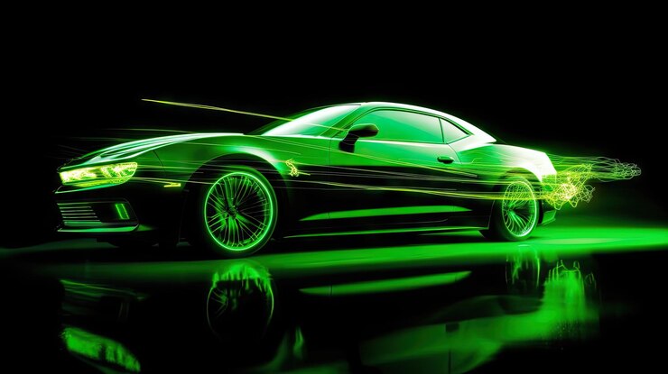 Зеленый неоновый автомобиль в темной машине на высокой скорости движения