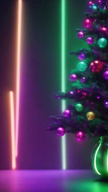 Green neon festive christmas elegant abstract background with purple and neon bokeh lights