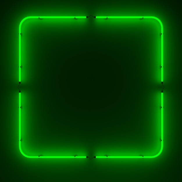 Foto quadro al neon verde con effetti luminosi su sfondo scuro sfondo luminoso vuoto illustrazione 3d