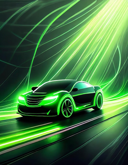 Green neon glowing in the dark electric car on high speed running concept fast ev silhouette