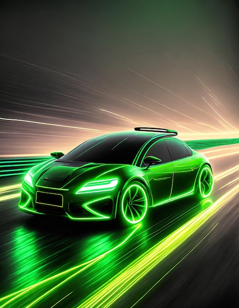 Зелёный неоновый светящийся в темноте электрический автомобиль на высокой скорости бега концепт Fast ev силуэт