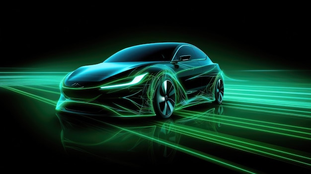 暗闇の中で輝く緑のネオンライトの動き高速走行コンセプトの電気自動車高速EVシルエット