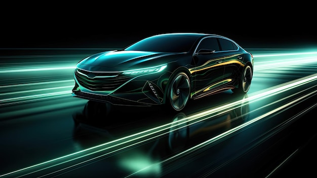 Green neon light motion glowing in the dark electric car on highspeed running concept Fast EV silhouette