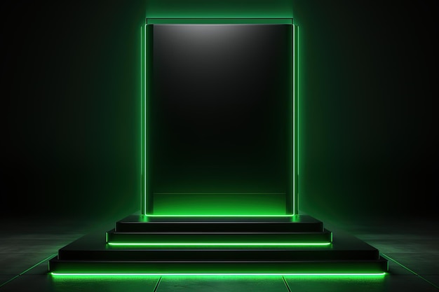 Green neon light with empty stage podium on black background