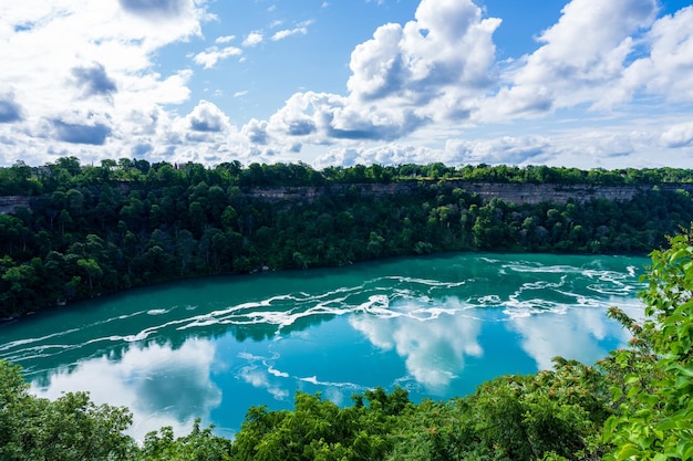 Green niagara river in a summer sunny day cliffs on the river bank the international border