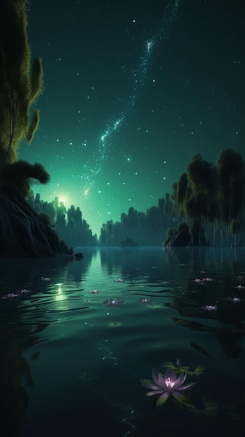 A green night sky with stars and a river