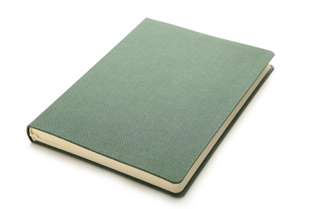 Green notebook isolated on white background. Top view