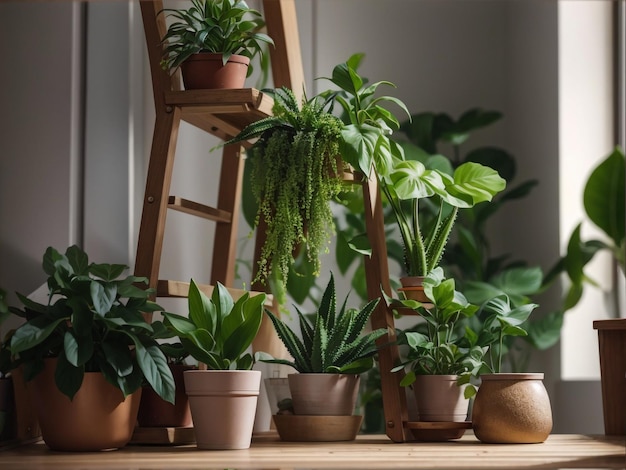 木製のはしごにあるグリーン オアシスの観葉植物 屋内の奥行きと静けさ