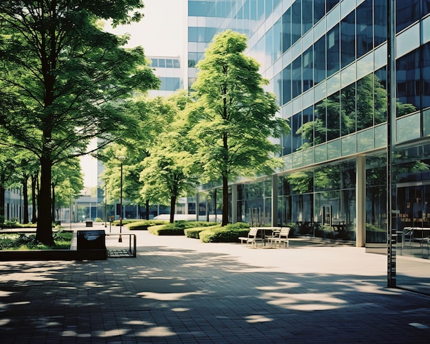 写真 都会の緑のオアシス 前景に緑豊かな木々が見えるモダンなオフィスビル