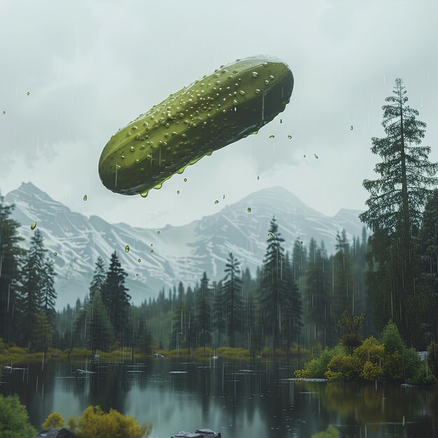 a green object in the sky above a lake with a mountain in the background