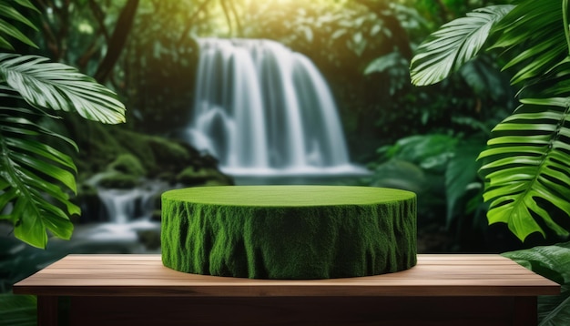 Зеленый объект на деревянном столе перед водопадом