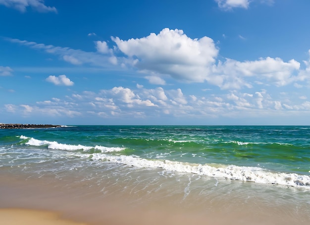 green ocean with gentle waves sandy seashore fluffy white clouds in bright blue sky