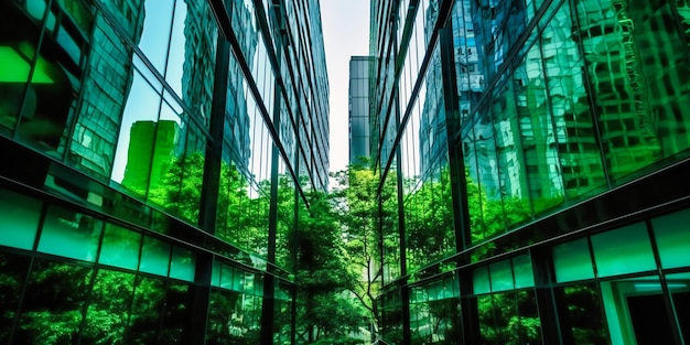 Green office building with shiny mirrors