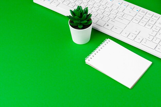 Green office desk with white stationery, copy space