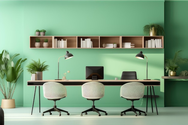 Green office room with a pastel background