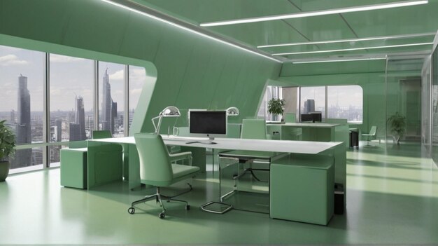 a green office space with a computer and a monitor