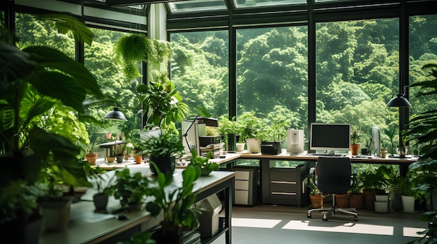 Photo a green office space with plants and natural light creating an eco friendly workplace