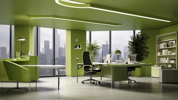 a green office with a desk and a clock on the wall