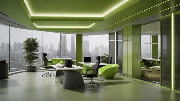 a green office with a large window that says  office