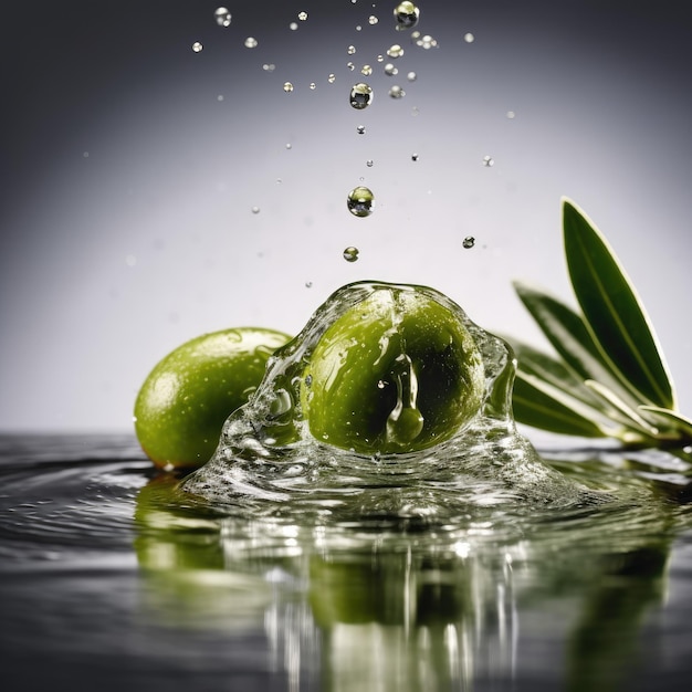 A green olive is being dropped into a water droplet.