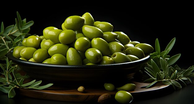 green olives on a black slate table